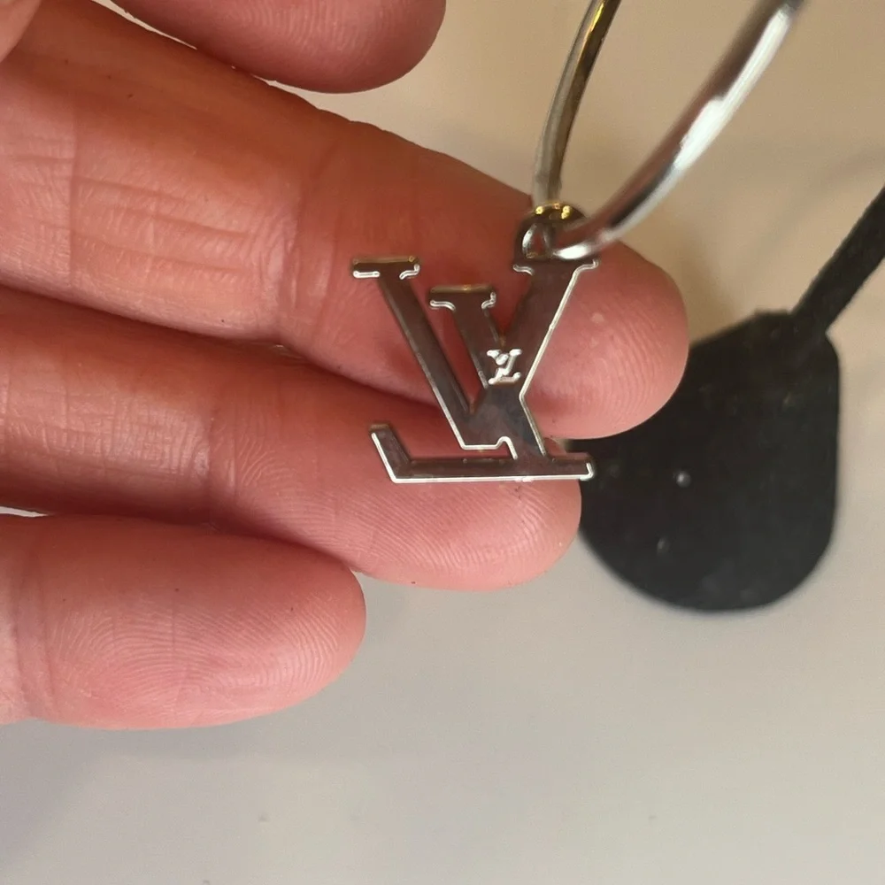 Upcycled Silver LV Louis Vuitton Stamped Charm 30mm Hoop Earrings - Picture 12 of 12